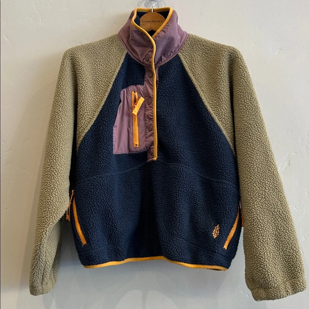 Free People Colorblock Teddy Jacket in Navy, Olive, Mauve & Mustard - Picture 2 of 10